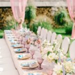 Table setting at a luxury wedding reception. Outdoor wedding